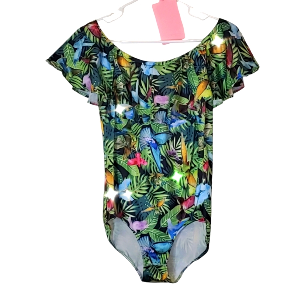Custom made off shoulder ruffle bodysuit bird jungle print, medium